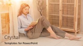  Presentation with light book - Presentation design consisting of young-woman-chilling-at-home background and a coral colored foreground