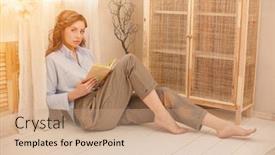  Presentation with light book - Presentation design featuring young-woman-chilling-at-home background and a coral colored foreground