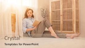  Presentation with light book - Slide set enhanced with young-woman-chilling-at-home background and a lemonade colored foreground