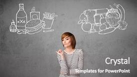  Presentation with foods - Cool new presentation design with young woman choosing between healthy backdrop and a gray colored foreground