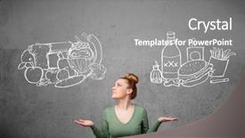  Presentation with junk food - Cool new PPT theme with young woman choosing between healthy backdrop and a gray colored foreground