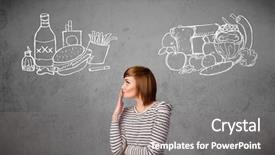  Presentation with foods - Cool new slide set with young woman choosing between healthy backdrop and a gray colored foreground