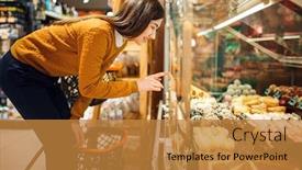 Presentation with grocery store - Presentation consisting of young-woman-choosing-cakes background and a gold colored foreground
