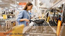  Presentation with electronics - Beautiful PPT theme featuring young-woman-choosing-gas-stove backdrop and a coral colored foreground