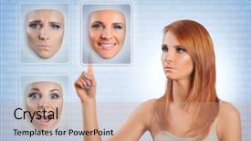  Presentation with woman sad - Beautiful slide set featuring young woman choosing happy face backdrop and a coral colored foreground