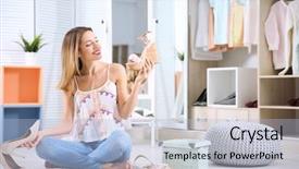  Presentation with closet - Presentation theme having young woman choosing shoes background and a light blue colored foreground