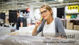  Presentation with modern color - Cool new PPT theme with young woman choosing the right backdrop and a light gray colored foreground