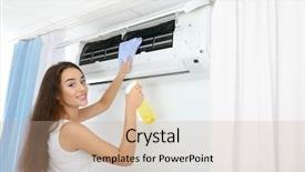  Presentation with air conditioning - Audience pleasing PPT theme consisting of young woman cleaning air conditioner backdrop and a coral colored foreground