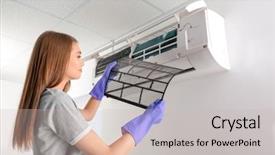  Presentation with conditioner - Beautiful slides featuring young woman cleaning air conditioner backdrop and a soft green colored foreground