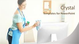  Presentation with office cleaning - Slides featuring young woman cleaning computer background and a  colored foreground