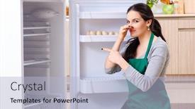  Presentation with fridge - Slide set having young woman cleaning fridge in hygiene concept background and a light blue colored foreground