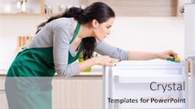  Presentation with hygiene - Slide deck having young-woman-cleaning-fridge background and a sky blue colored foreground