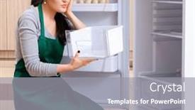  Presentation with fridge - PPT theme having young-woman-cleaning-fridge background and a gray colored foreground