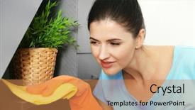  Presentation with room cleaning - Beautiful PPT layouts featuring young woman cleaning furniture in room backdrop and a coral colored foreground