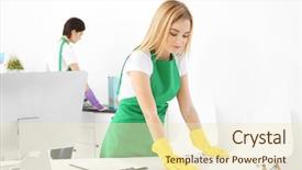  Presentation with office cleaning - Audience pleasing theme consisting of young woman cleaning office table backdrop and a lemonade colored foreground