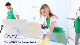 Presentation with cleaning services - Slide set enhanced with young woman cleaning office table background and a sky blue colored foreground