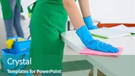 Presentation with office cleaning - Amazing PPT theme having young woman cleaning office table backdrop and a ocean colored foreground
