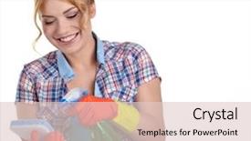  Presentation with cleaning - Slide deck enhanced with young woman cleaning on white background and a  colored foreground