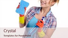  Presentation with pregnant woman cleaning - PPT theme enhanced with young woman cleaning on white background and a  colored foreground