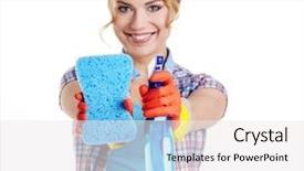  Presentation with pregnant woman cleaning - Amazing slide set having young woman cleaning on white backdrop and a sky blue colored foreground