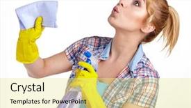 Presentation with cleaning - Amazing PPT theme having young woman cleaning on white backdrop and a  colored foreground