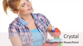  Presentation with pregnant woman cleaning - Slides having young woman cleaning on white background and a  colored foreground