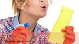  Presentation with cleaning - Colorful slide deck enhanced with young woman cleaning on white backdrop and a  colored foreground