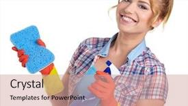  Presentation with pregnant woman cleaning - Slide set with young woman cleaning on white background and a  colored foreground