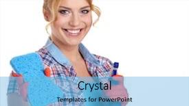  Presentation with cleaning - Slides having young woman cleaning on white background and a  colored foreground