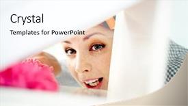  Presentation with pregnant woman cleaning - Beautiful PPT theme featuring young woman cleaning shelf thorough backdrop and a cool aqua colored foreground