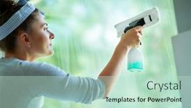 Presentation with cleaning - PPT theme consisting of young-woman-cleaning-window-int background and a soft green colored foreground