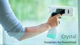  Presentation with cleaning - Presentation theme with young-woman-cleaning-window-int background and a sky blue colored foreground