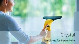  Presentation with cleaning - PPT theme featuring young-woman-cleaning-window-int background and a  colored foreground