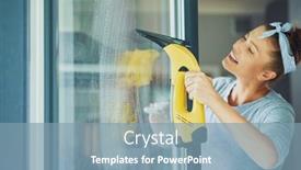  Presentation with cleaning - Theme having young-woman-cleaning-window-int background and a seafoam green colored foreground