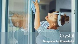  Presentation with cleaning - Presentation theme enhanced with young-woman-cleaning-window-int background and a seafoam green colored foreground