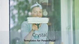 Presentation with cleaning - Presentation design with young-woman-cleaning-window-int background and a light blue colored foreground