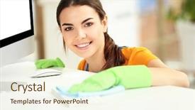  Presentation with cleanliness - Colorful PPT theme enhanced with young woman cleaning workplace backdrop and a cream colored foreground