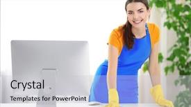  Presentation with office cleaning - PPT theme with young woman cleaning workplace background and a light gray colored foreground