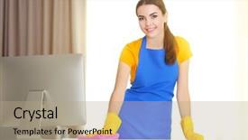  Presentation with office cleaning - Audience pleasing presentation consisting of young woman cleaning workplace backdrop and a coral colored foreground