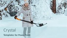  Presentation with snow shovel - Slide set enhanced with young-woman-cleans-the-road background and a  colored foreground