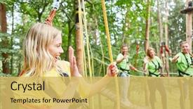  Presentation with high waves - Amazing PPT layouts having young woman climbing course high wire garden waves friends bridge backdrop and a yellow colored foreground