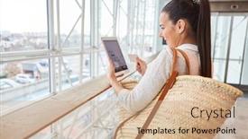  Presentation with online shopping - Presentation theme consisting of young-woman-compares-prices background and a coral colored foreground