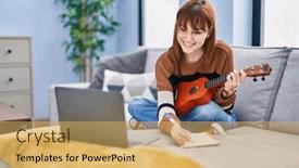  Presentation with young children playing multicultural - Slide set featuring young-woman-composing-song-playing background and a yellow colored foreground