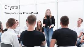  Presentation with young business people - Slide deck with young-woman-conducts-business-training background and a sky blue colored foreground