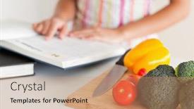  Presentation with consulting - Slides having young woman consulting a notebook while standing in the kitchen background and a coral colored foreground