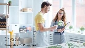  Presentation with consulting - Colorful PPT layouts enhanced with young woman consulting with her colleague while discussing pronciples of making nice floral composition backdrop and a light blue colored foreground