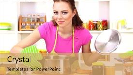  Presentation with cooking - Colorful PPT theme enhanced with young woman cooking in kitchen backdrop and a coral colored foreground