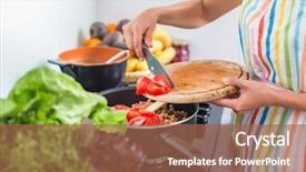  Presentation with modern color - Presentation theme consisting of young woman cooking in her modern kitchen shallow dof color toned image background and a red colored foreground