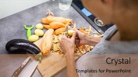 Presentation with modern color - Slide set with young woman cooking in her modern kitchen shallow dof color toned image background and a coral colored foreground