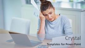  Presentation with budget - Presentation theme enhanced with young-woman-counting-home-budget background and a light blue colored foreground